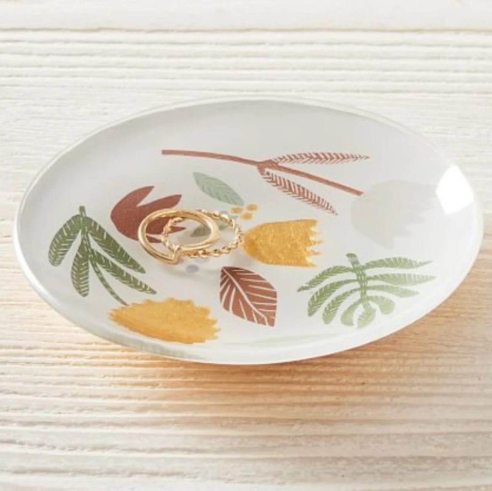 West Elm Scandi Decoupage Small Floral Round Glass Trinket Dish